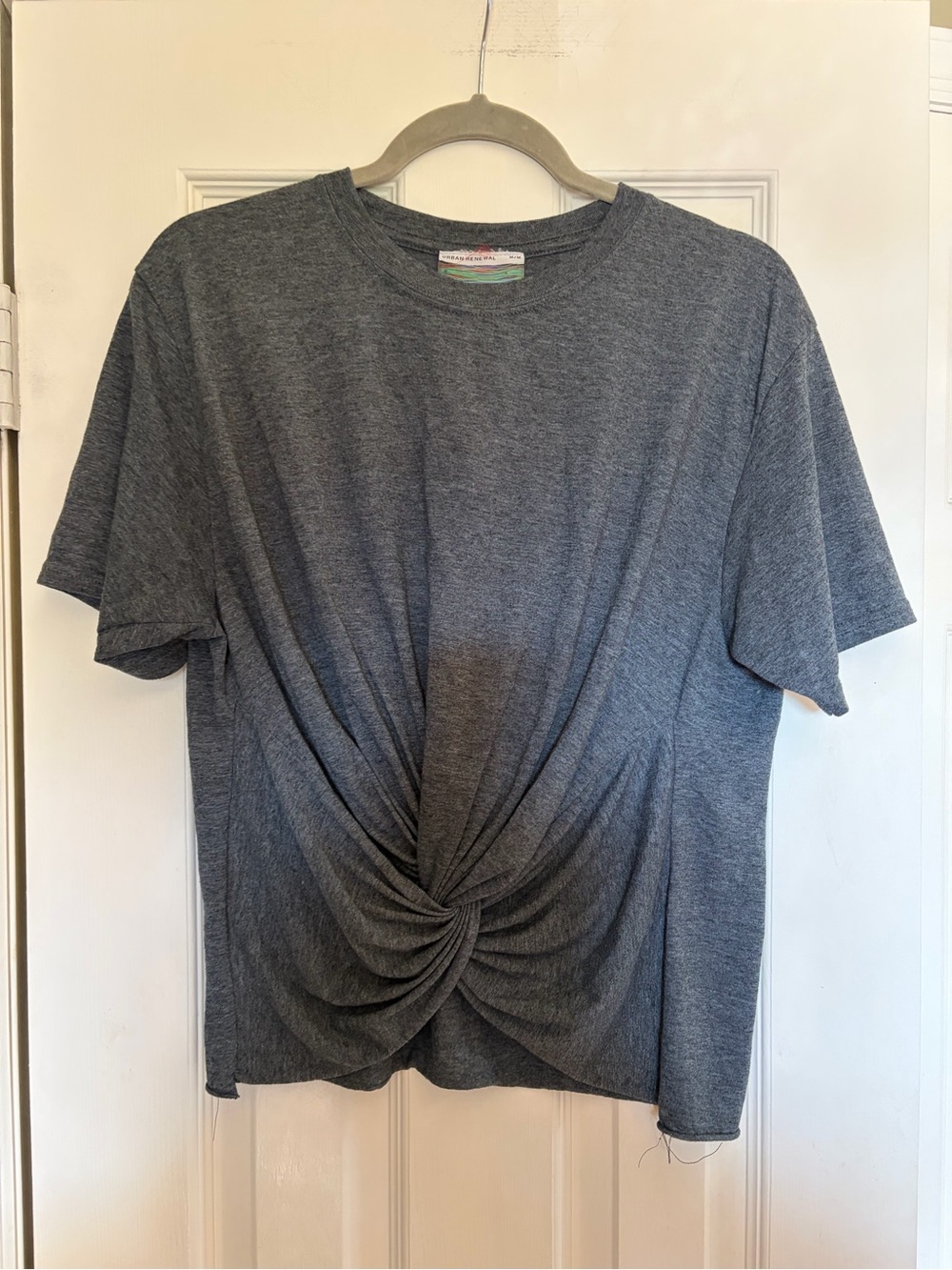 Urban Renewal Gray Crewneck Tee with Multicolor Stitch Detail